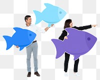 Png Manager guiding her team with fish symbols, transparent background