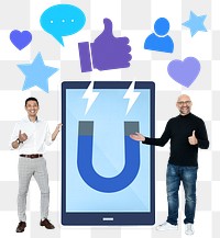 Png Cheerful men with attracting social medilike thumbs up icons, transparent background