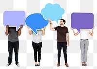 Png People holding colorful speech bubbles, transparent background