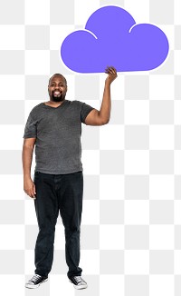 Png Cheerful man holding blue cloud symbol, transparent background