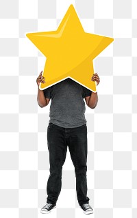 Png Cheerful man holding golden star rating symbol, transparent background