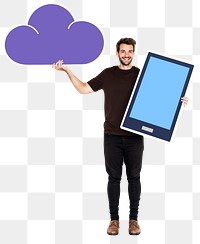 Png Cheerful man holding cloud storage icons, transparent background