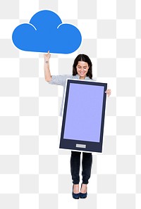 Png Cheerful woman holding tablet and a cloud, transparent background
