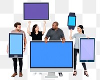 Png Diverse people with various digital device, transparent background