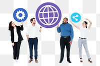 Png Happy diverse people holding internet icons, transparent background