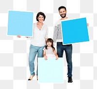 Png Happy family holding blank boards, transparent background