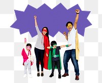 Png Happy family wearing superhero costumes, transparent background