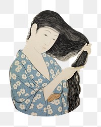 PNG Japanese woman combing hair, collage element on transparent background