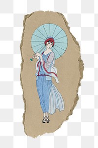 PNG Beautiful woman with umbrella illustration, remix from artworks by George Barbier, ripped paper transparent background. Remixed by rawpixel.