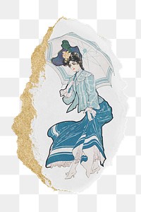 PNG Woman with blue umbrella illustration, ripped paper transparent background. Remixed by rawpixel.