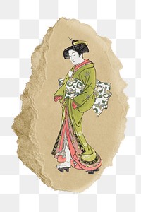 PNG Japanese woman illustration, ripped paper transparent background. Remixed by rawpixel.