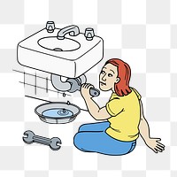 Woman fixing pipe  png clipart illustration, transparent background. Free public domain CC0 image.