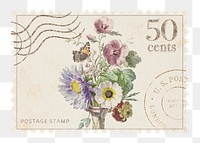 PNG Vintage postage stamp, flower from William van Leen artwork, ripped paper transparent background. Remixed by rawpixel.