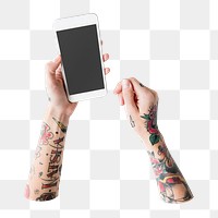 Hand holding png smartphone digital device, transparent background