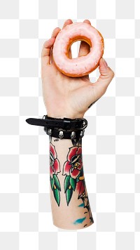 Hand holding png donut transparent background