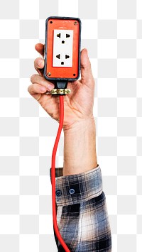 PNG Hand holding electricity power plug, collage element, transparent background