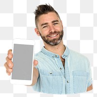 Man holding phone png element, transparent background