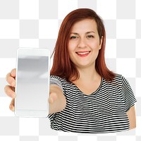 Woman holding phone png element, transparent background