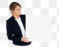 Businesswoman holding blank sign png element, transparent background