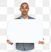 Businessman holding placard png element, transparent background