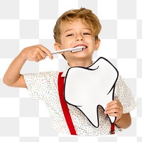 Png kid brushing teeth sticker, transparent background