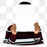 Woman holding placard png element, transparent background