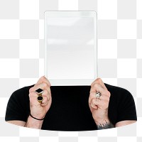 Man holding tablet png element, transparent background