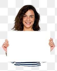 Woman holding placard png element, transparent background