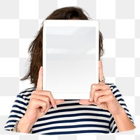 Woman holding tablet png element, transparent background