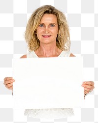 Woman holding placard png element, transparent background