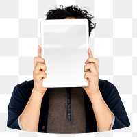 Man holding tablet png element, transparent background