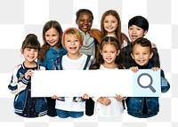 Kids holding search bar png element, transparent background