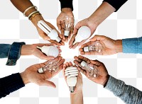 Diversity hands png light bulbs, transparent background