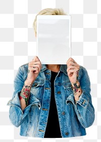 Woman holding tablet png element, transparent background