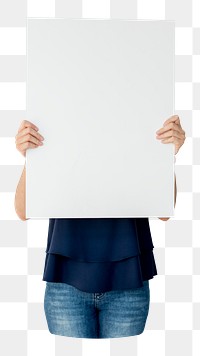 Woman holding placard png element, transparent background