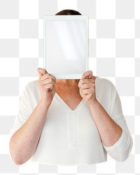 Woman holding tablet png element, transparent background