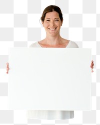 Woman holding placard png element, transparent background