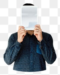 Man holding tablet png element, transparent background