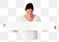 Woman holding banner png element, transparent background