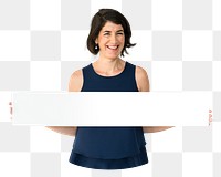 Woman holding banner png element, transparent background