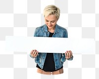 Woman holding banner png element, transparent background