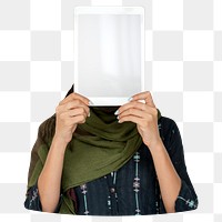 Woman holding tablet png element, transparent background