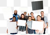 People holding signs png element, transparent background