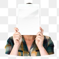 Woman holding tablet png element, transparent background