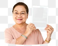 Woman holding tablet png element, transparent background