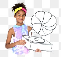 PNG Girl holding gramophone, collage element, transparent background