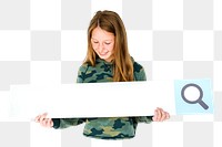 Girl holding search bar png element, transparent background