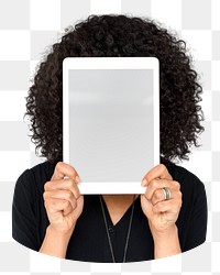 Woman holding tablet png element, transparent background