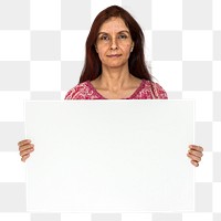 Woman holding placard png element, transparent background