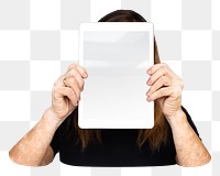 Woman holding tablet png element, transparent background